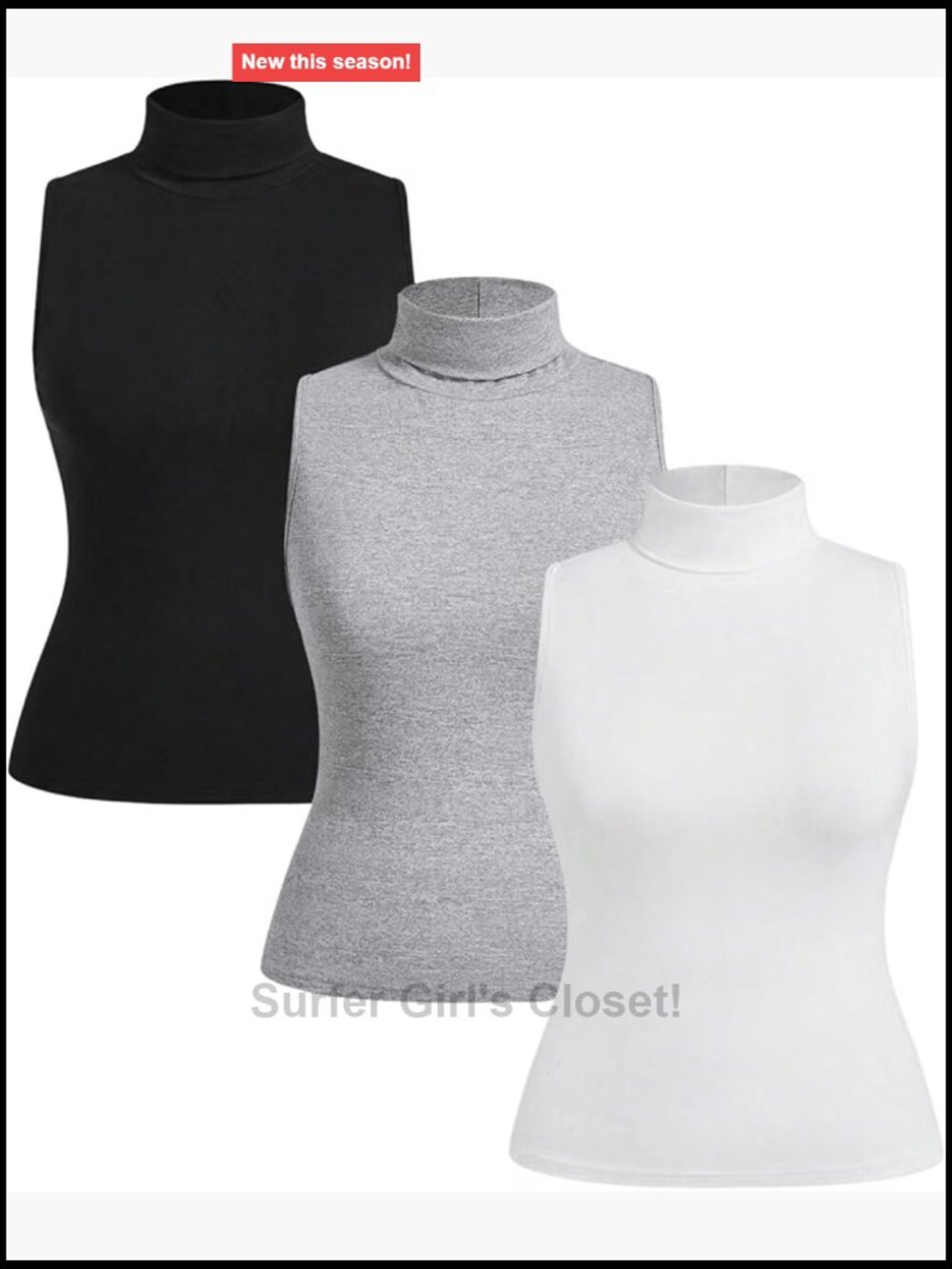 Plus Size 3 Pack Mock Turtleneck Sleeveless Ribbed Tank Tops, High Neck